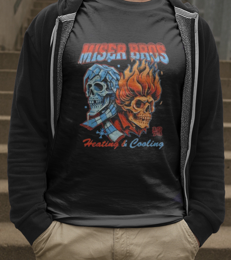 Miser Bros Heating And Cooling 1974 Skull Design T-Shirt