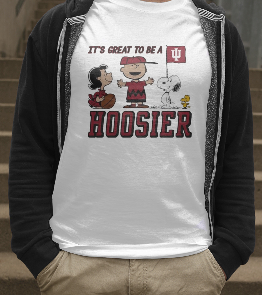 Peanuts Characters Indiana Hoosiers It's Great To Be A Hoosier Snoopy Woodstock Lucy Charlie Brown IU Flag T-Shirt