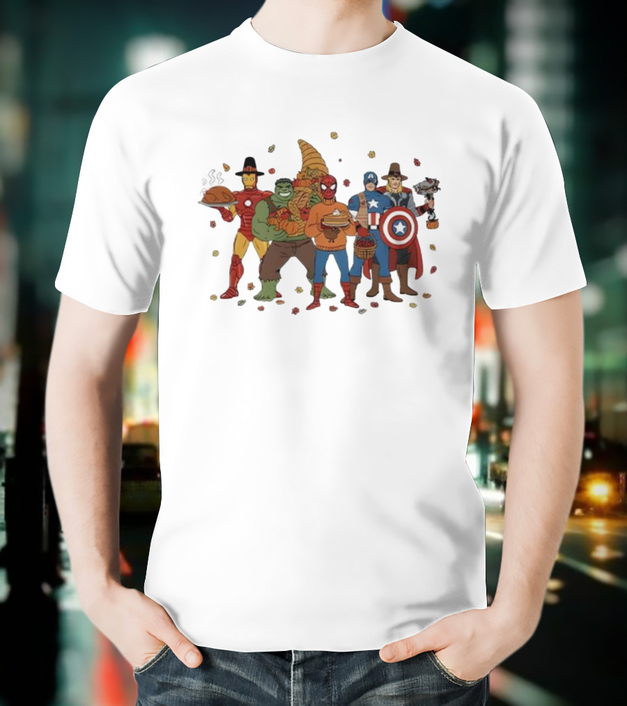 Thanksgiving Superhero Feast With Iron Man Hulk Spider-Man Captain America T-Shirt
