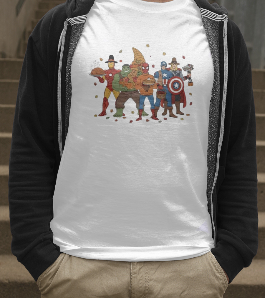 Thanksgiving Superhero Feast With Iron Man Hulk Spider-Man Captain America T-Shirt