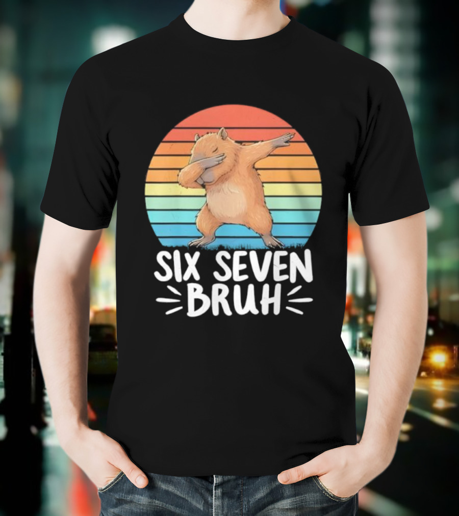 67 Meme Capybara Dabbing Six Seven Bruh Rainbow Retro T-Shirt