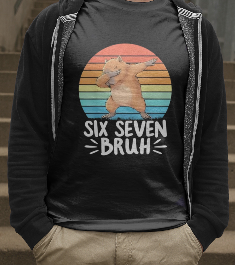 67 Meme Capybara Dabbing Six Seven Bruh Rainbow Retro T-Shirt