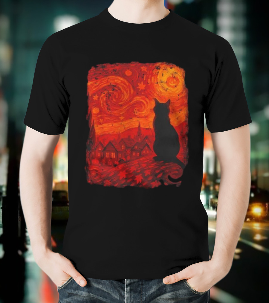 Van Gogh Cat Lover Starry Night Thanksgiving Autumn T-Shirt