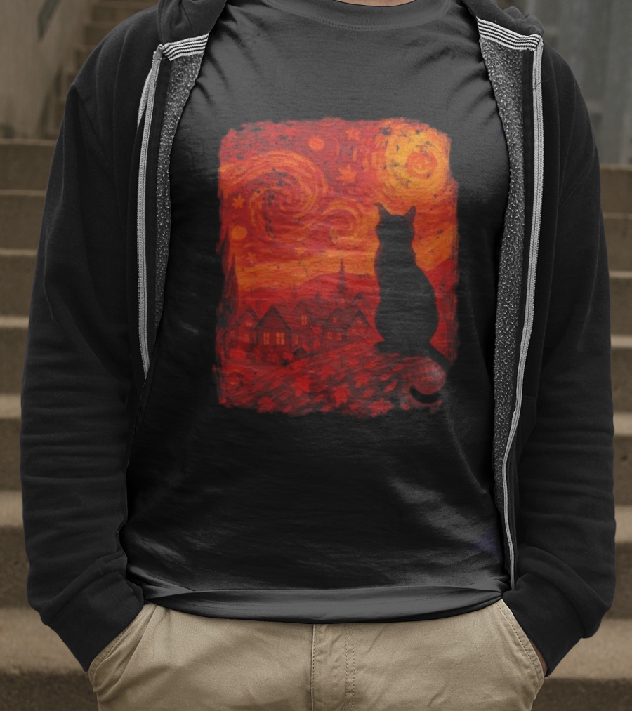 Van Gogh Cat Lover Starry Night Thanksgiving Autumn T-Shirt