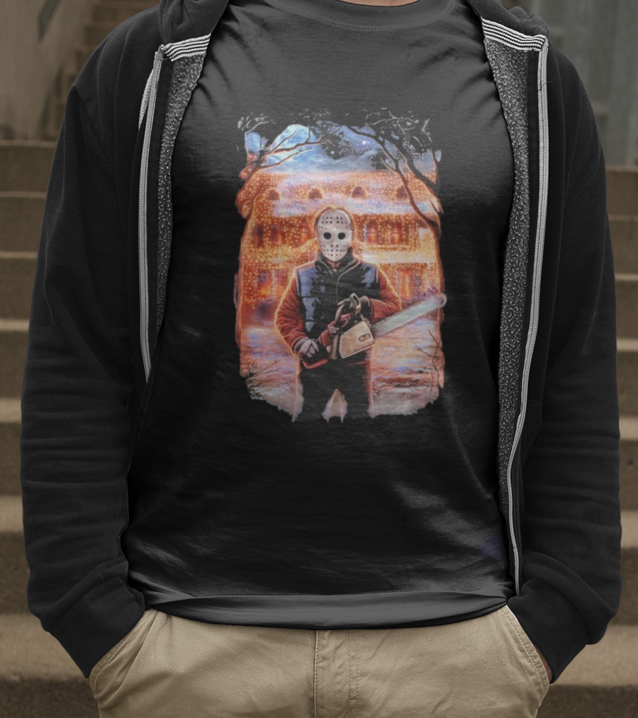 Clark’s Revenge Chainsaw Christmas Lights Hockey Mask Retro Horror Holiday T-Shirt