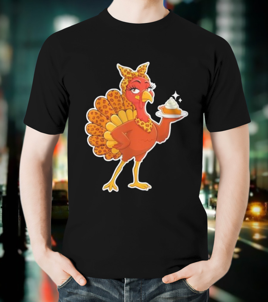 Leopard Print Turkey With Pumpkin Pie Thanksgiving T-Shirt