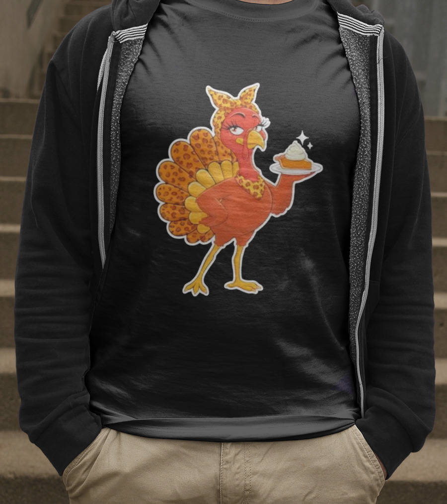 Leopard Print Turkey With Pumpkin Pie Thanksgiving T-Shirt