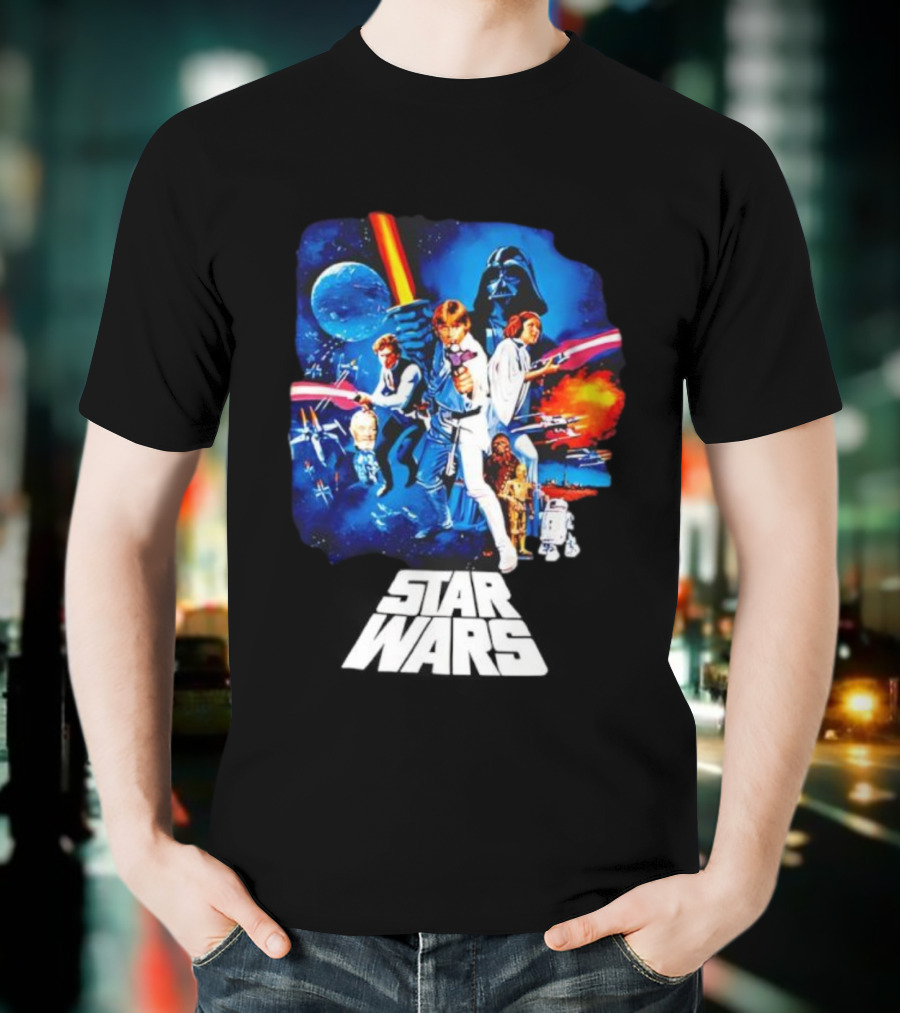 Star Wars New Hope Retro Darth Vader Luke Skywalker Leia Han Solo Chewbacca R2-D2 C-3PO Vintage Galactic Battle Scene T-Shirt