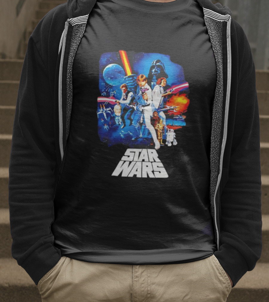 Star Wars New Hope Retro Darth Vader Luke Skywalker Leia Han Solo Chewbacca R2-D2 C-3PO Vintage Galactic Battle Scene T-Shirt