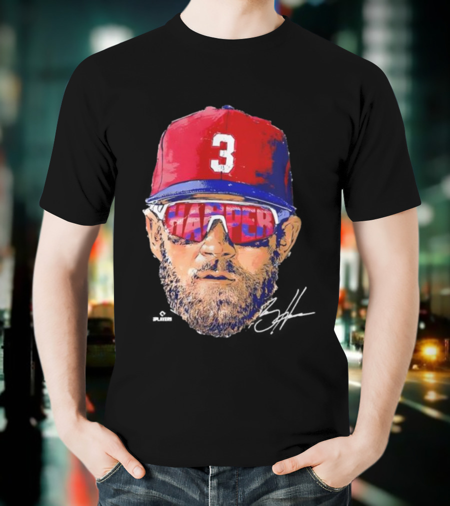 Philadelphia Phillies Bryce Harper Signature Head 3 Cap Sunglasses T-Shirt