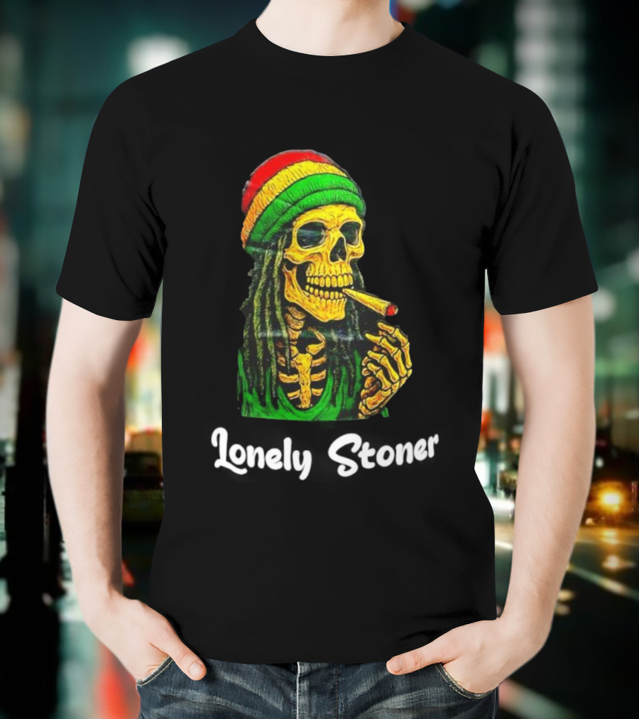 Lonely Stoner Dreadlocked Skull Smoking Rasta Colors T-Shirt