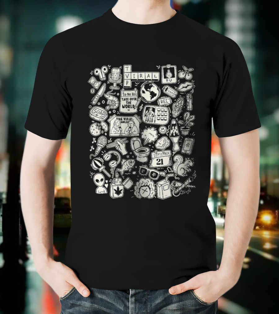 The Viral Podcast Doodle Funny Icons And Words Collage T-Shirt