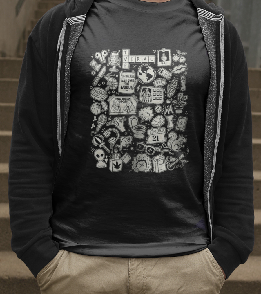 The Viral Podcast Doodle Funny Icons And Words Collage T-Shirt