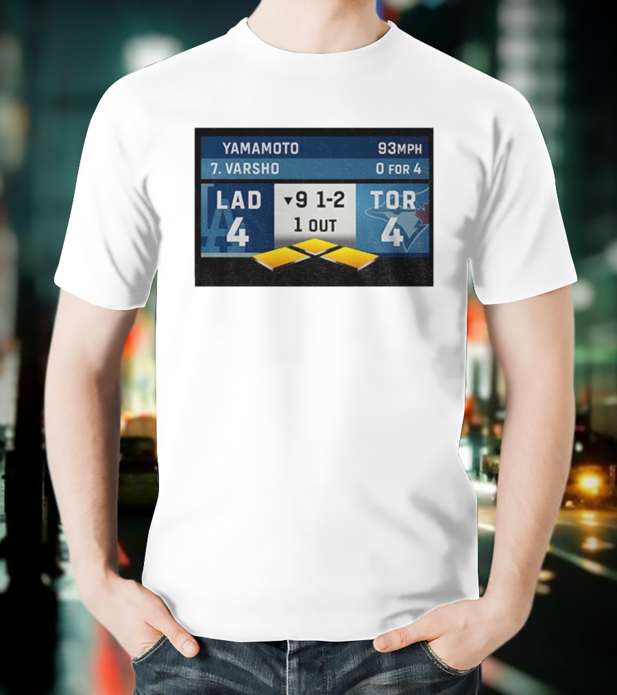 Los Angeles Dodgers Vs Toronto Blue Jays Bottom Of 9th Inning Score Tied 4-4 With Pitcher Yamamoto And Batter Varsho T-Shirt