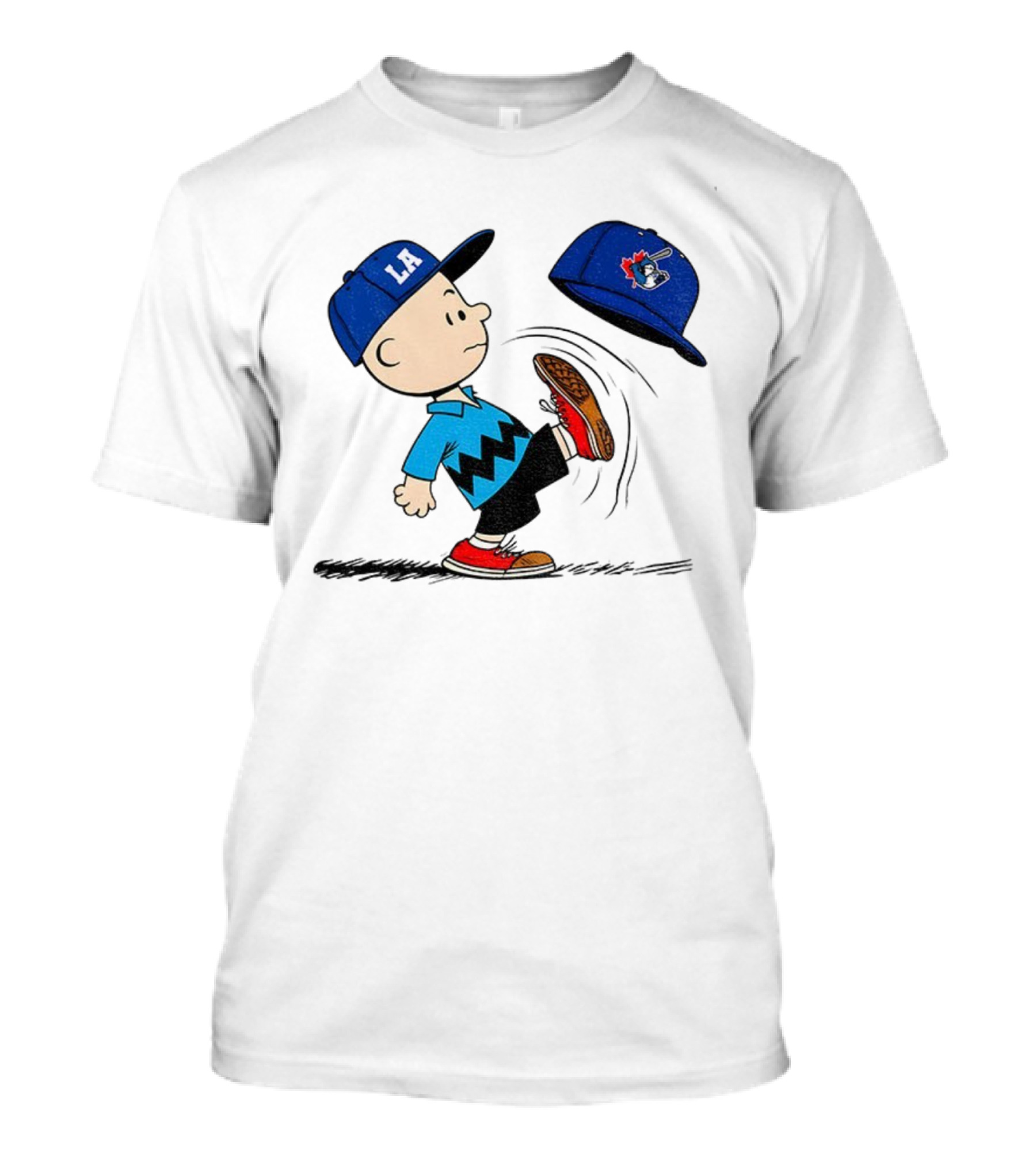Los Angeles Dodgers LA Cap Charlie Brown Kicking Toronto Blue Jays Hat Peanuts Crossover T-Shirt