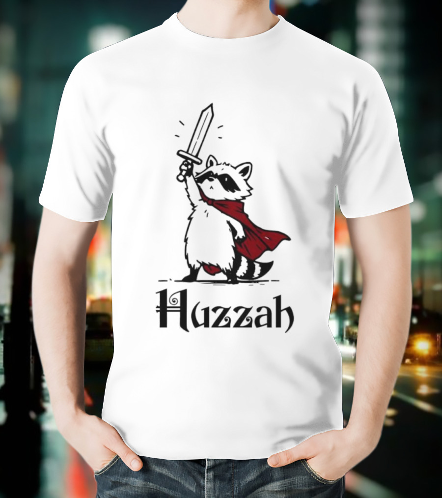 Raccoon Warrior Huzzah Red Cape Sword Heroic Pose T-Shirt