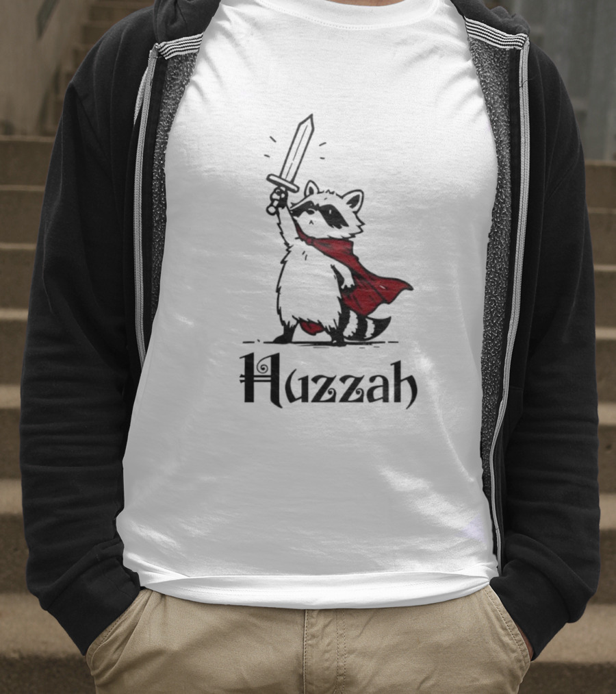 Raccoon Warrior Huzzah Red Cape Sword Heroic Pose T-Shirt