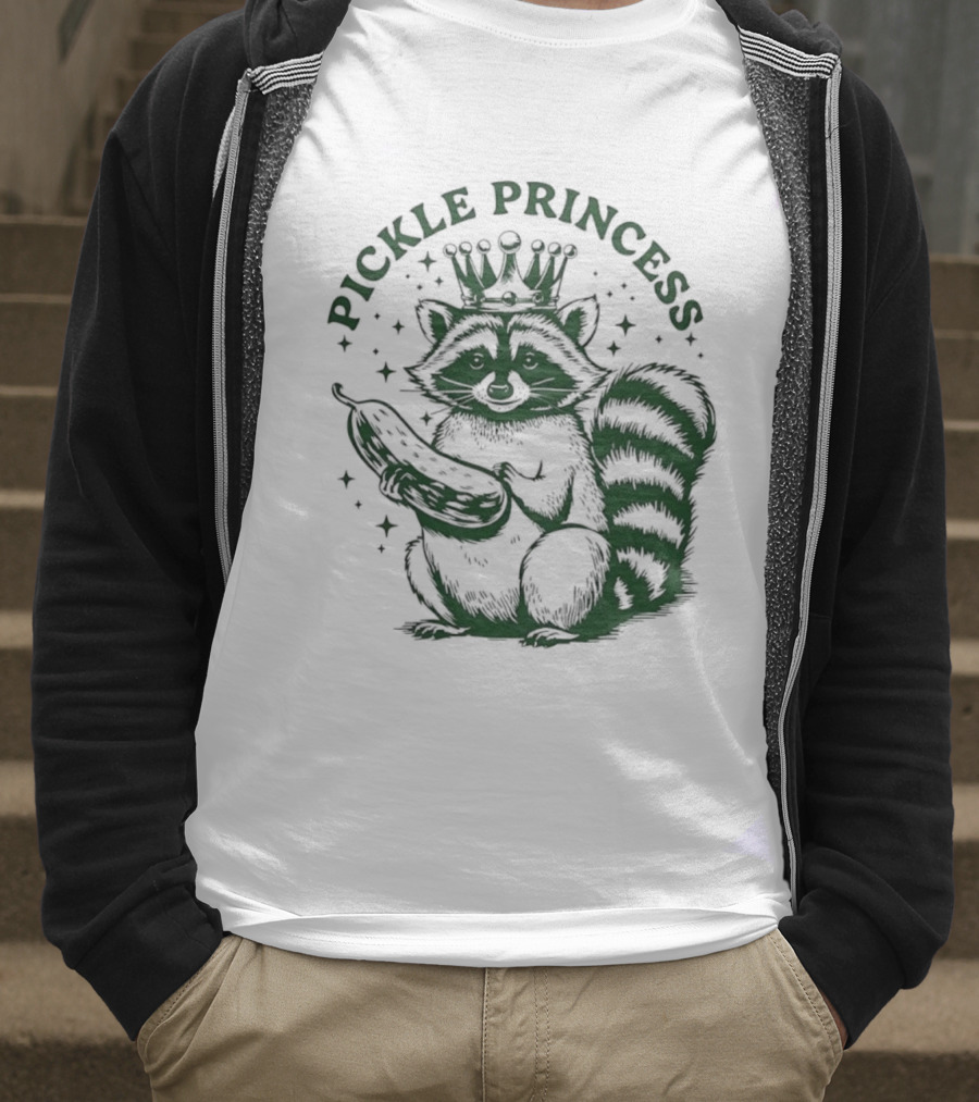 Pickle Princess Raccoon Holding Pickle With Crown And Stars T-Shirt