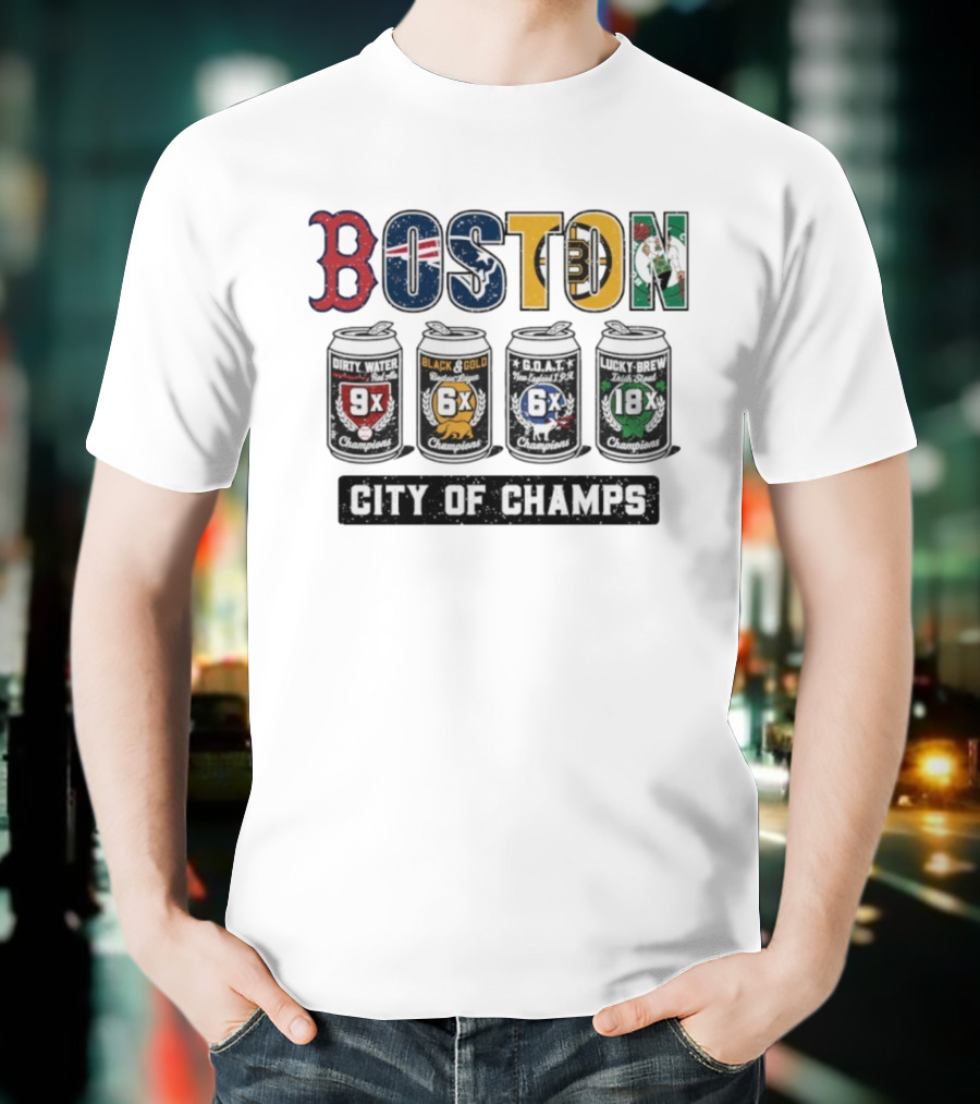 Boston City Of Champions Dirty Water Black Gold G.O.A.T Lucky Brew T-Shirt