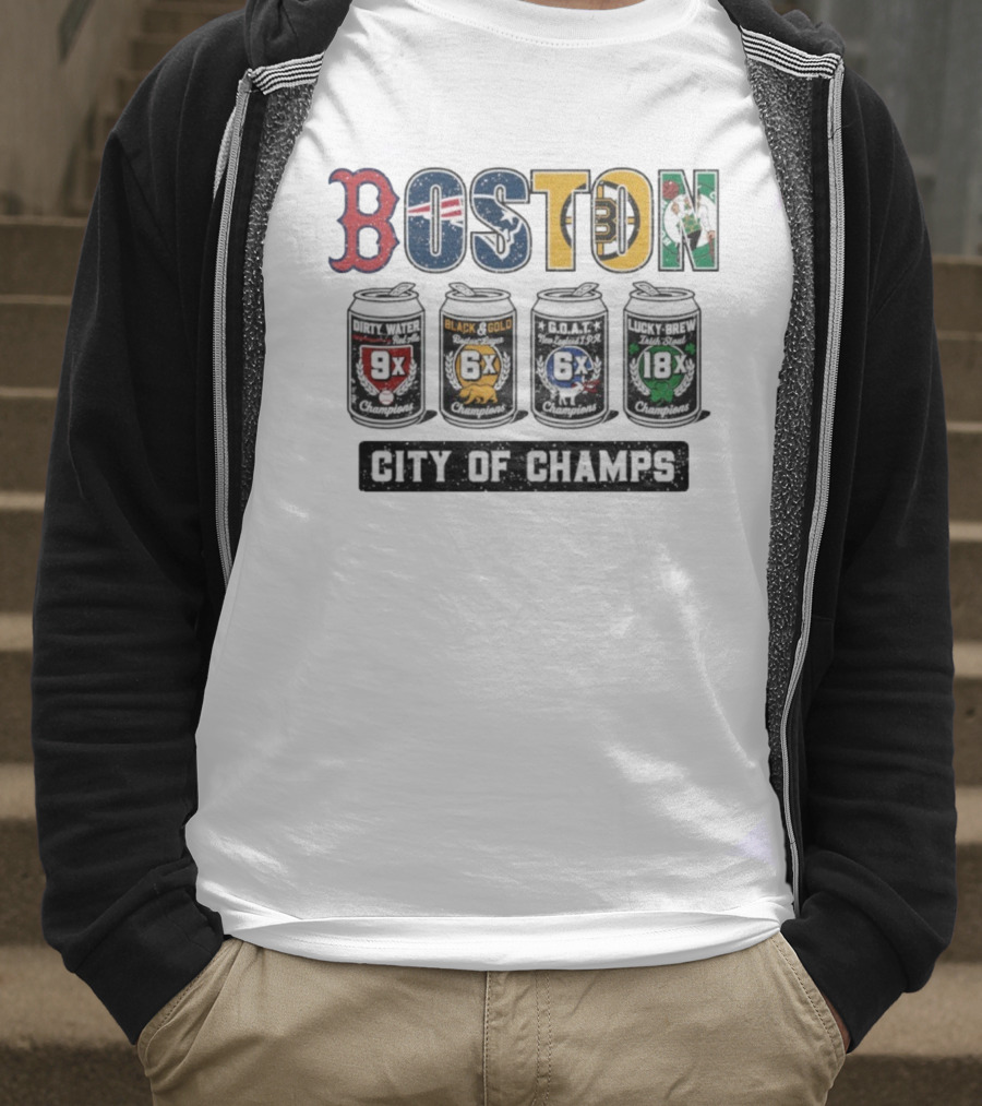 Boston City Of Champions Dirty Water Black Gold G.O.A.T Lucky Brew T-Shirt