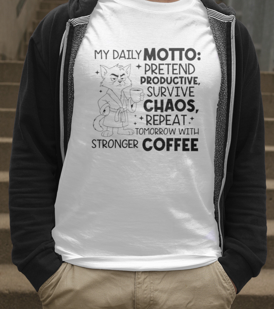 Cat My Daily Motto Survive Chaos Repeat Tomorrow With Stronger Coffee T-Shirt