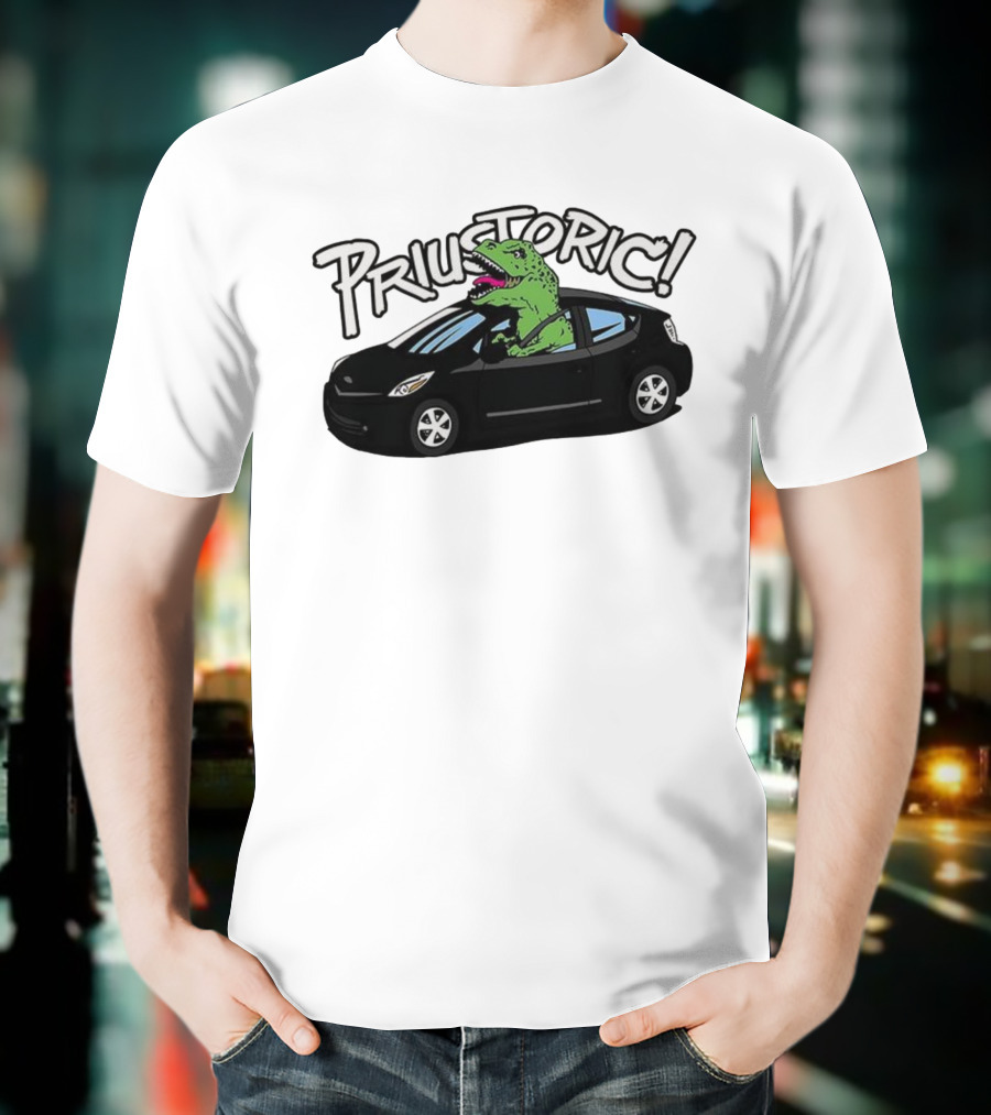 Priustoric T-Rex Dinosaur Driving Car Playful Humor T-Shirt