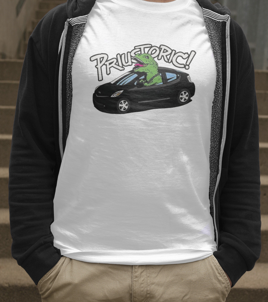 Priustoric T-Rex Dinosaur Driving Car Playful Humor T-Shirt