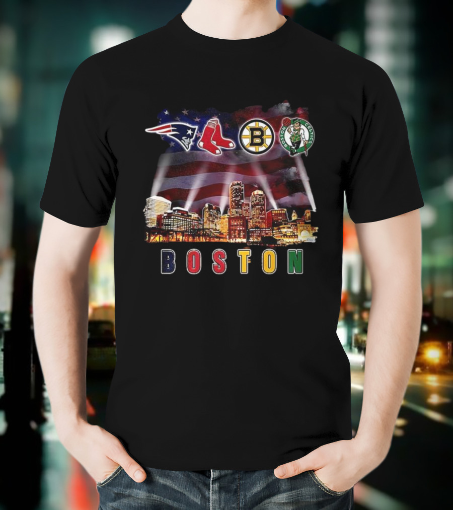 Boston Patriots Red Sox Bruins Celtics City Skyline Fan Celebration T-Shirt