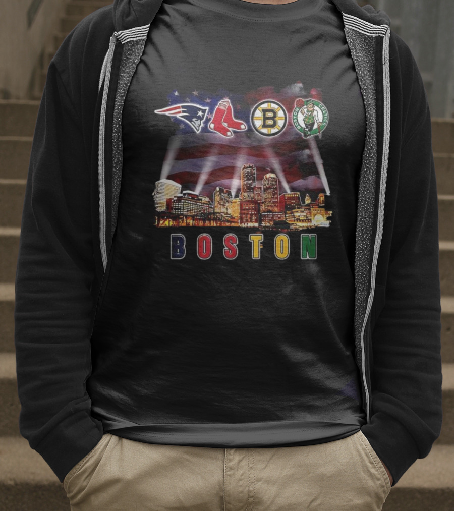 Boston Patriots Red Sox Bruins Celtics City Skyline Fan Celebration T-Shirt
