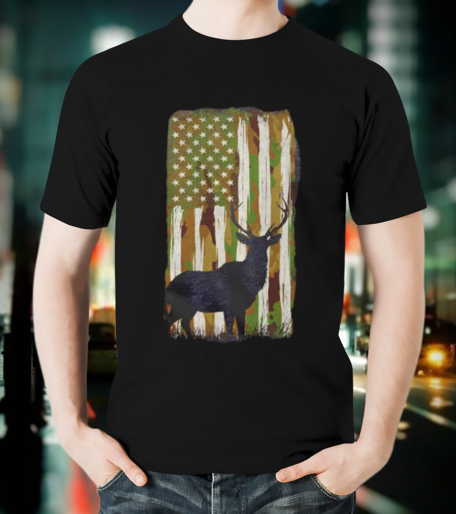 Camo Buck American Flag Camouflage Silhouette T-Shirt