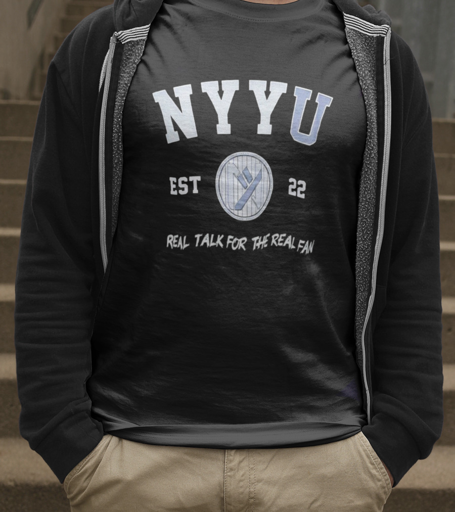 NYYU EST 22 Real Talk For The Real Fan Baseball Stripe Badge T-Shirt