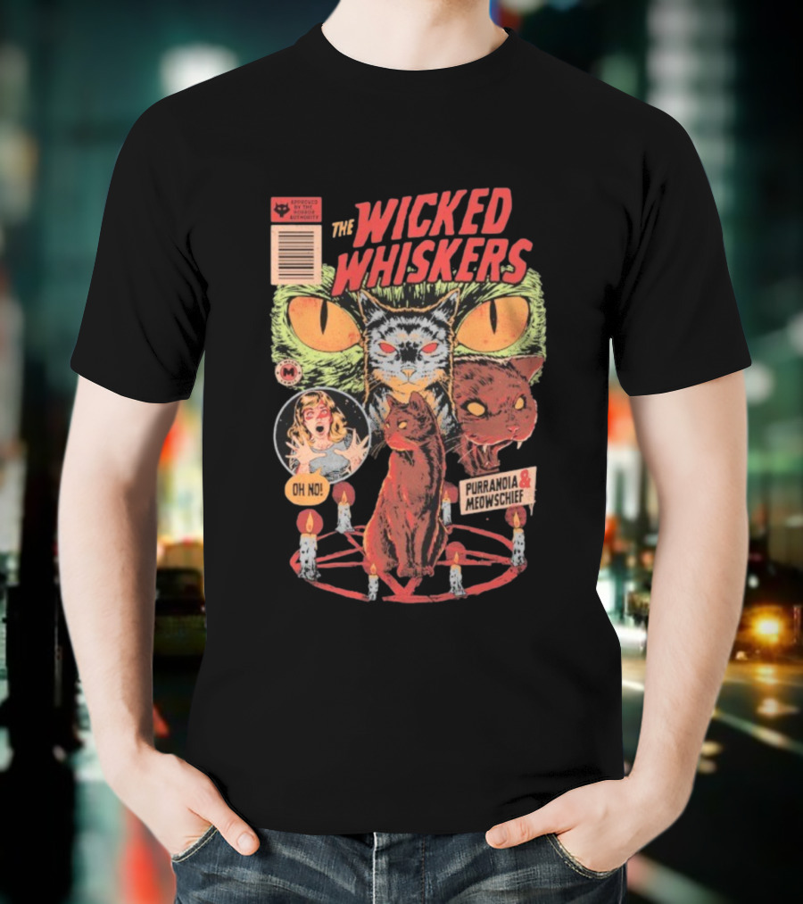 The Wicked Whiskers Oh No Purranoia Meowschief Comic Style Cats T-Shirt