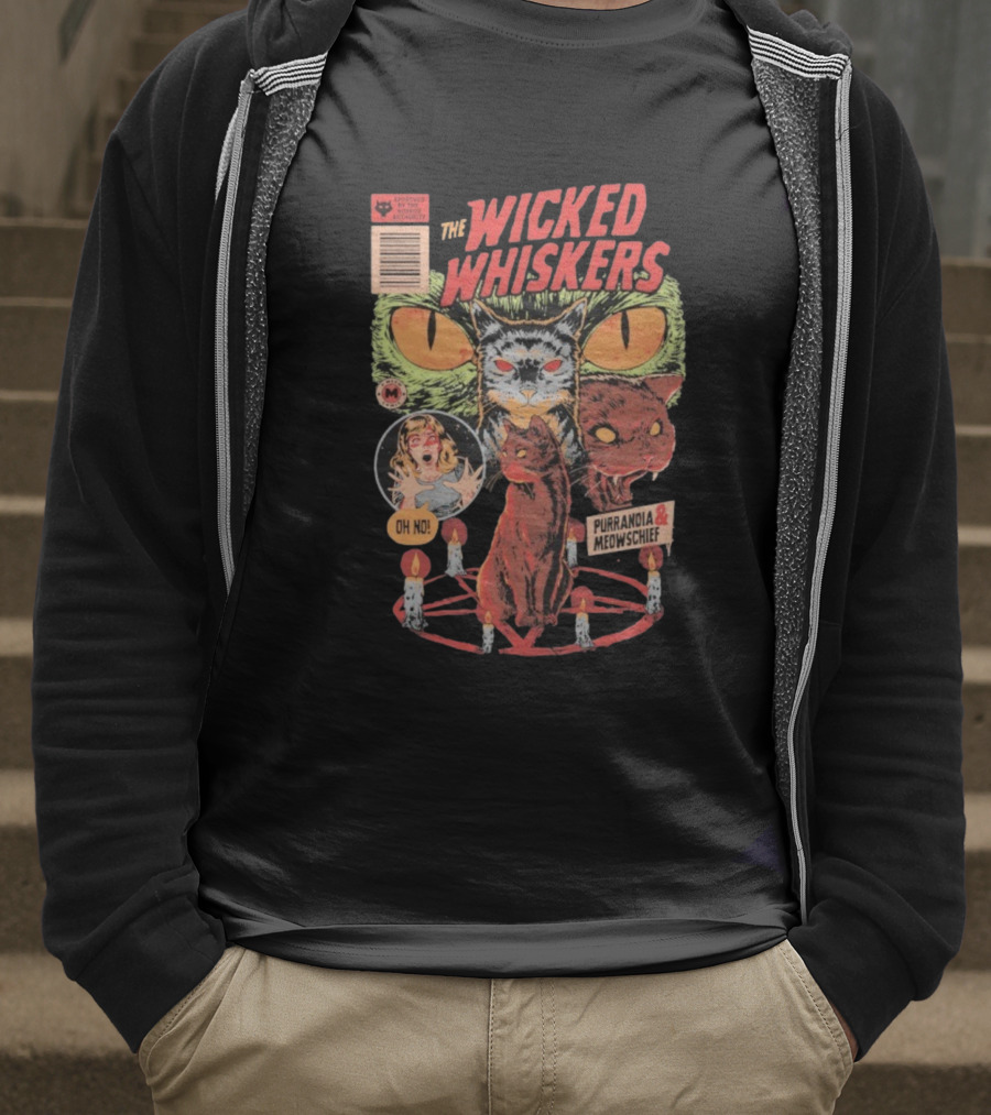 The Wicked Whiskers Oh No Purranoia Meowschief Comic Style Cats T-Shirt