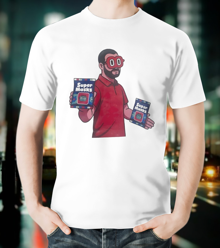 Super Masks Red Character Holding Packages With Eye Mask T-Shirt