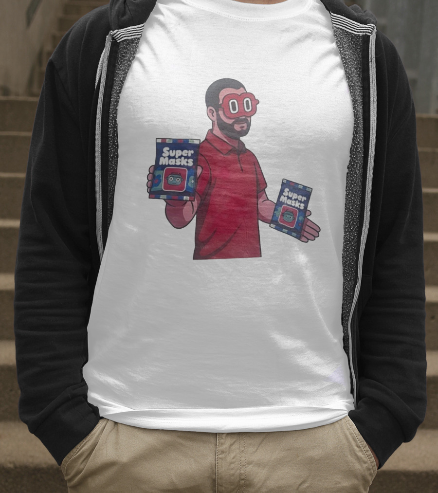 Super Masks Red Character Holding Packages With Eye Mask T-Shirt