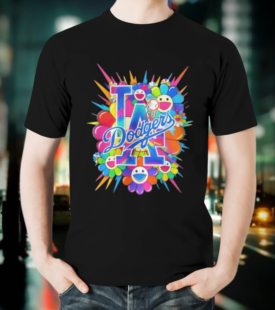 LA Dodgers Murakami Flower Burst Smiley Baseball T-Shirt
