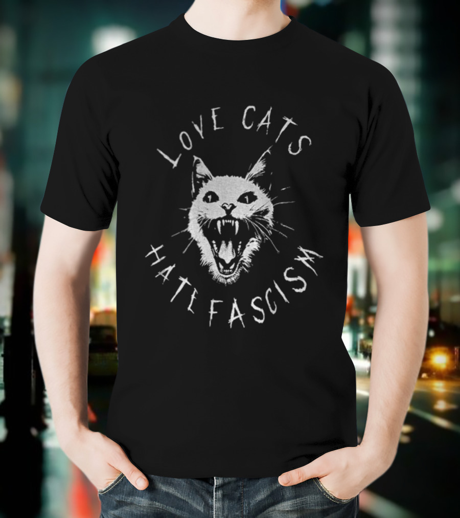 Love Cats Hate Fascism Antifascism Roaring Cat Graphic T-Shirt