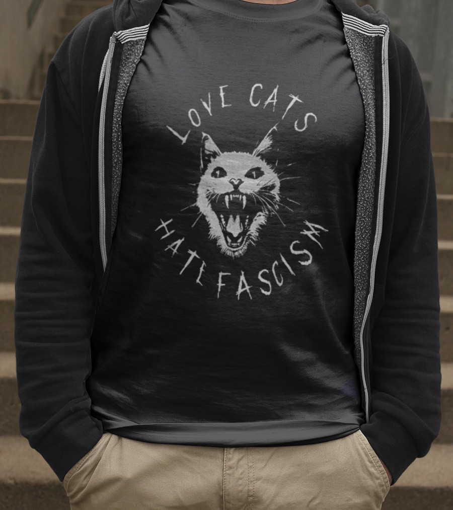 Love Cats Hate Fascism Antifascism Roaring Cat Graphic T-Shirt