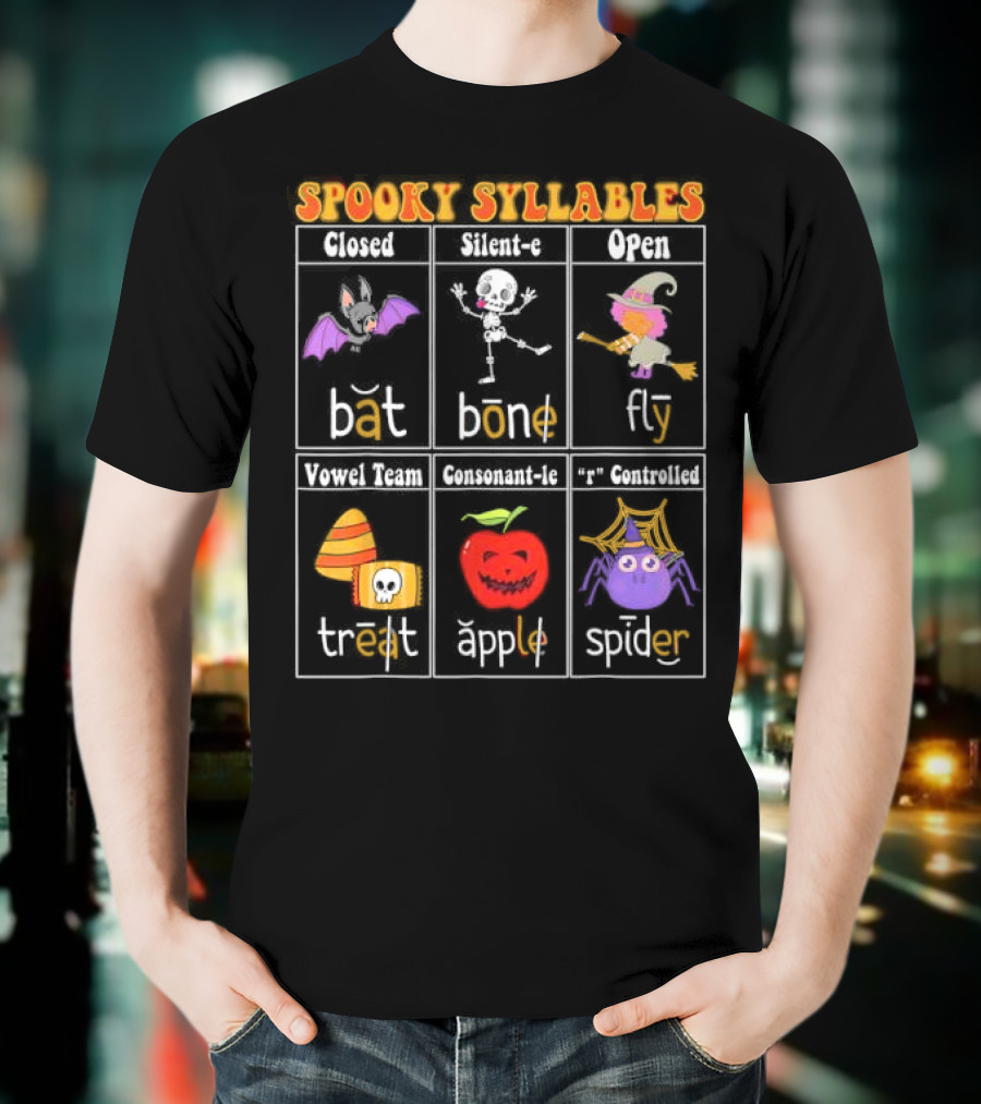 Spooky Syllables Bat Bone Fly Trick Treat Apple Spider Halloween Educational Teacher T-Shirt
