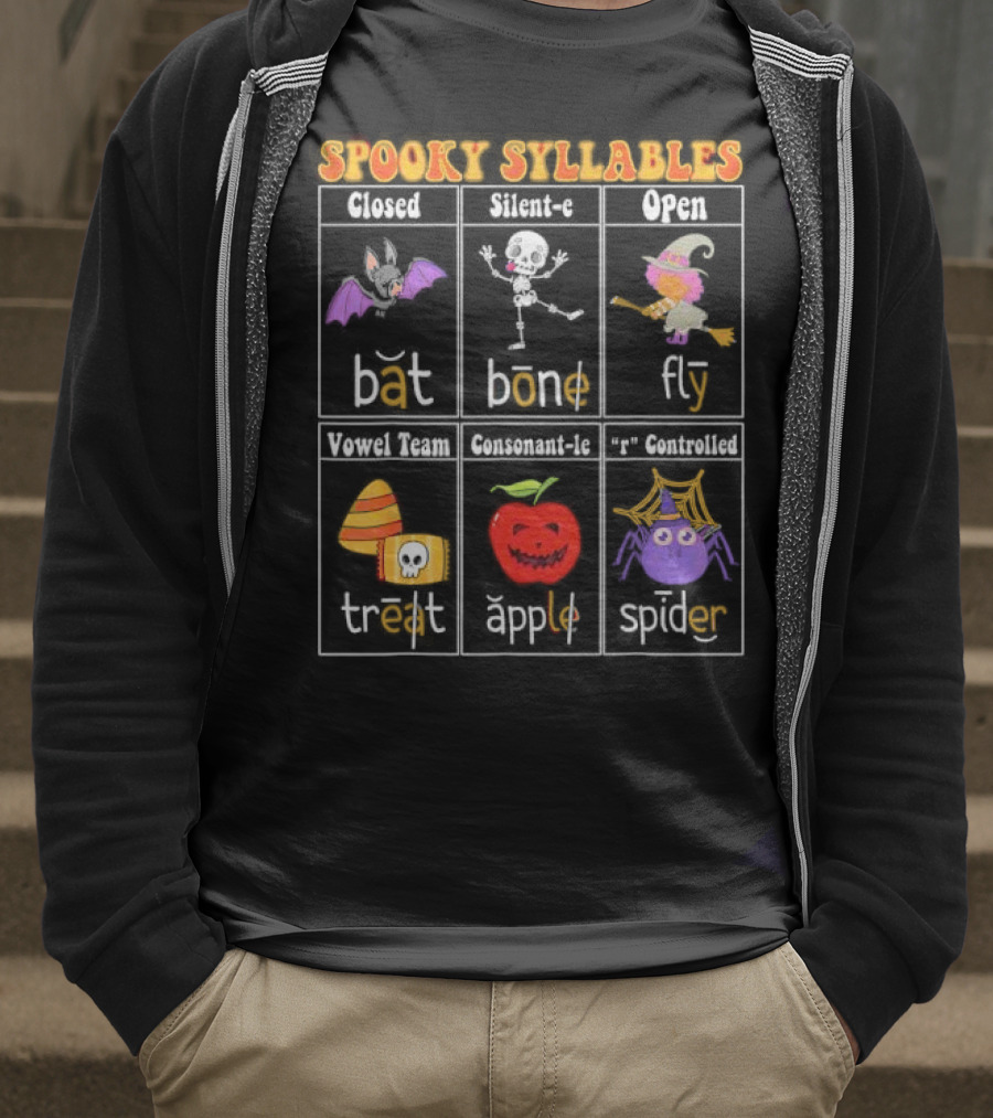 Spooky Syllables Bat Bone Fly Trick Treat Apple Spider Halloween Educational Teacher T-Shirt