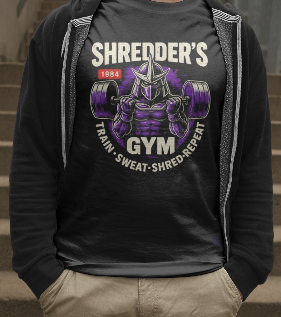 Shredder's 1984 Gym Train Sweat Shred Repeat Ninja Warrior Fitness T-Shirt