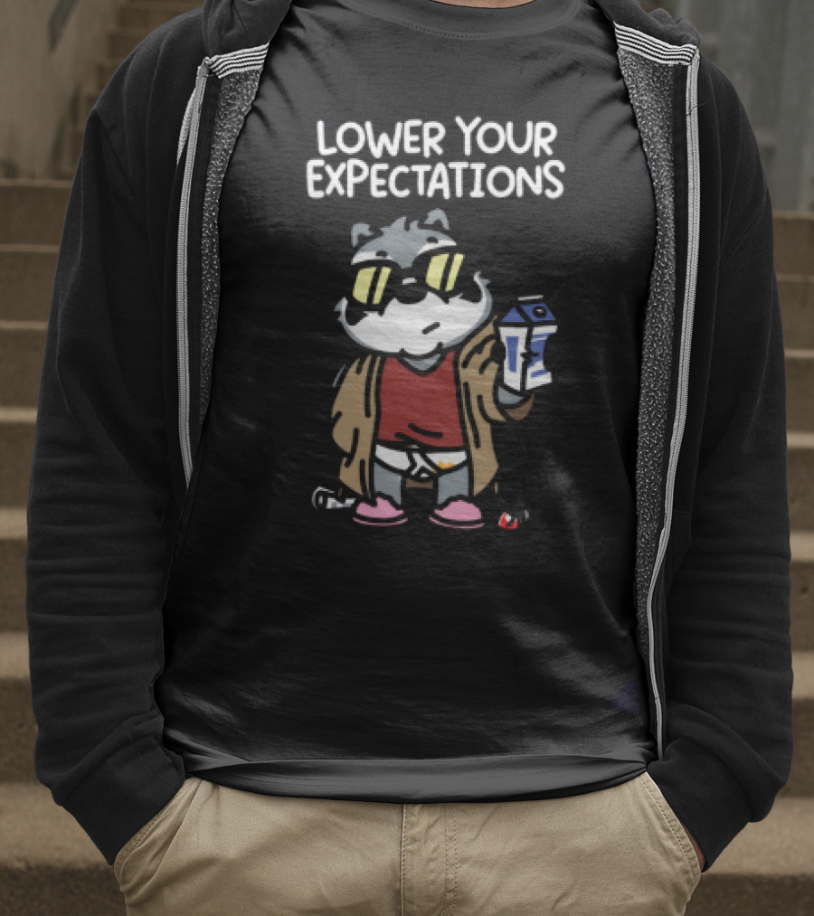 Lower Your Expectations Cool Cat Cartoon In Sunglasses With Milk T-Shirt