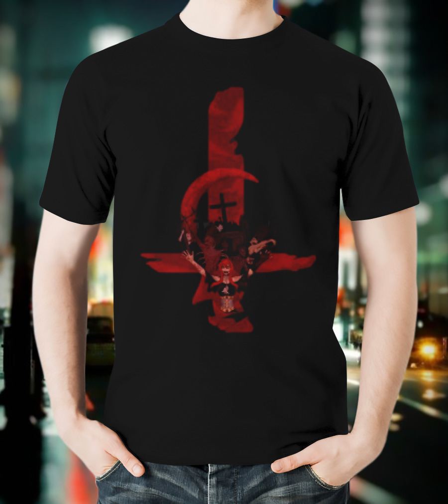 Inverted Cross Graveyard Gothic Anarchist Symbol With Red Crescent Moon T-Shirt