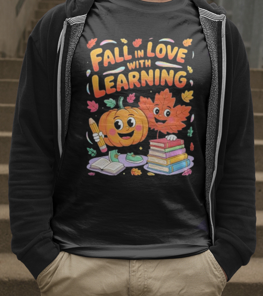 Fall In Love With Learning Autumn Pumpkin And Leaf With Books And Stationery T-Shirt