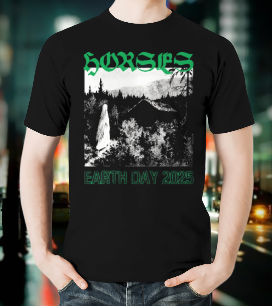 Horses Earth Day 2025 Ghostly Forest Cabin Scene T-Shirt