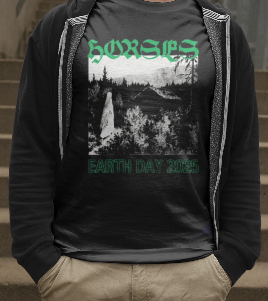 Horses Earth Day 2025 Ghostly Forest Cabin Scene T-Shirt