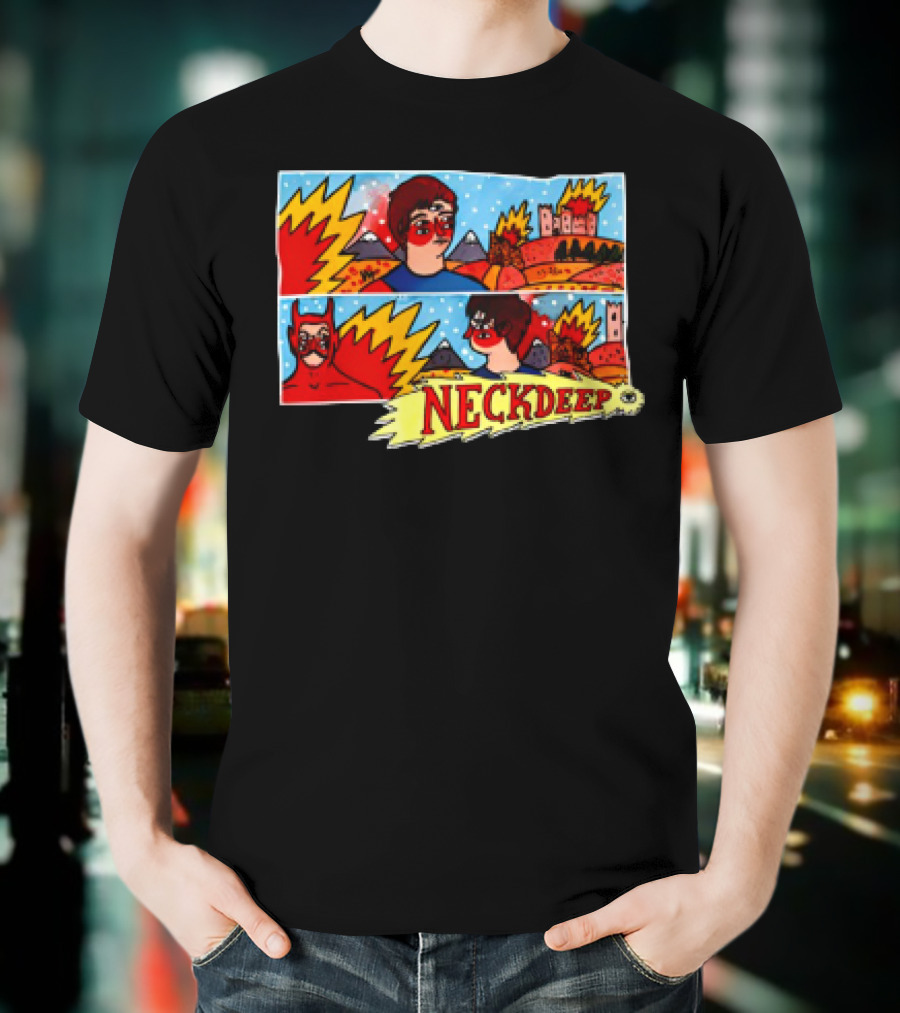 Neck Deep 10 Year Anniversary Comic Style Superhero Scene T-Shirt
