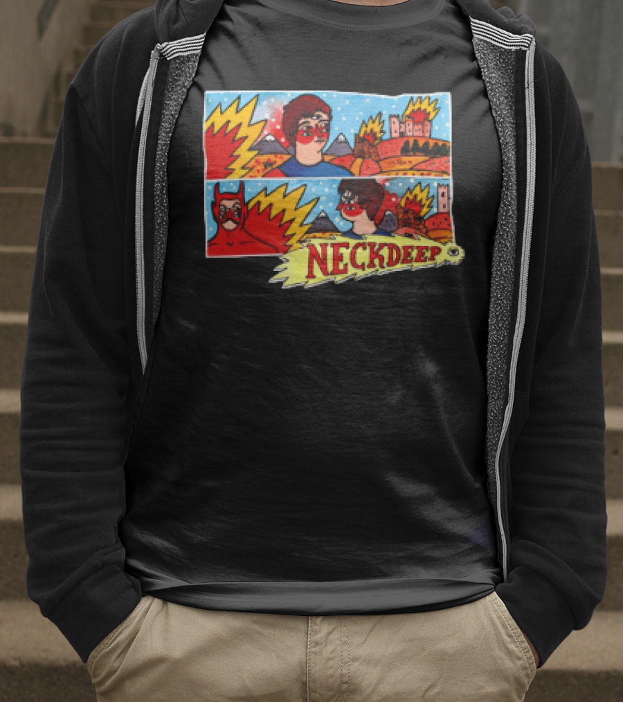 Neck Deep 10 Year Anniversary Comic Style Superhero Scene T-Shirt