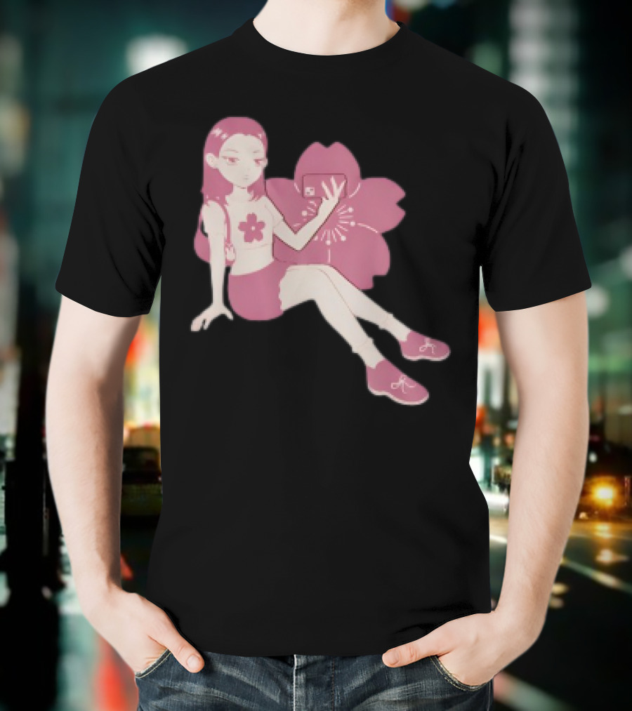 Mandys Brown Anime Style Girl Sakura Blossom Pattern T-Shirt