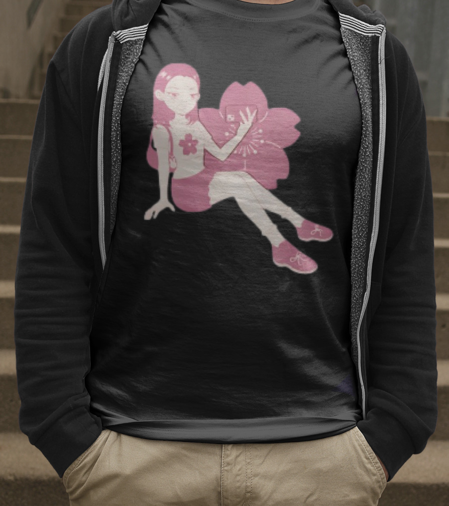 Mandys Brown Anime Style Girl Sakura Blossom Pattern T-Shirt